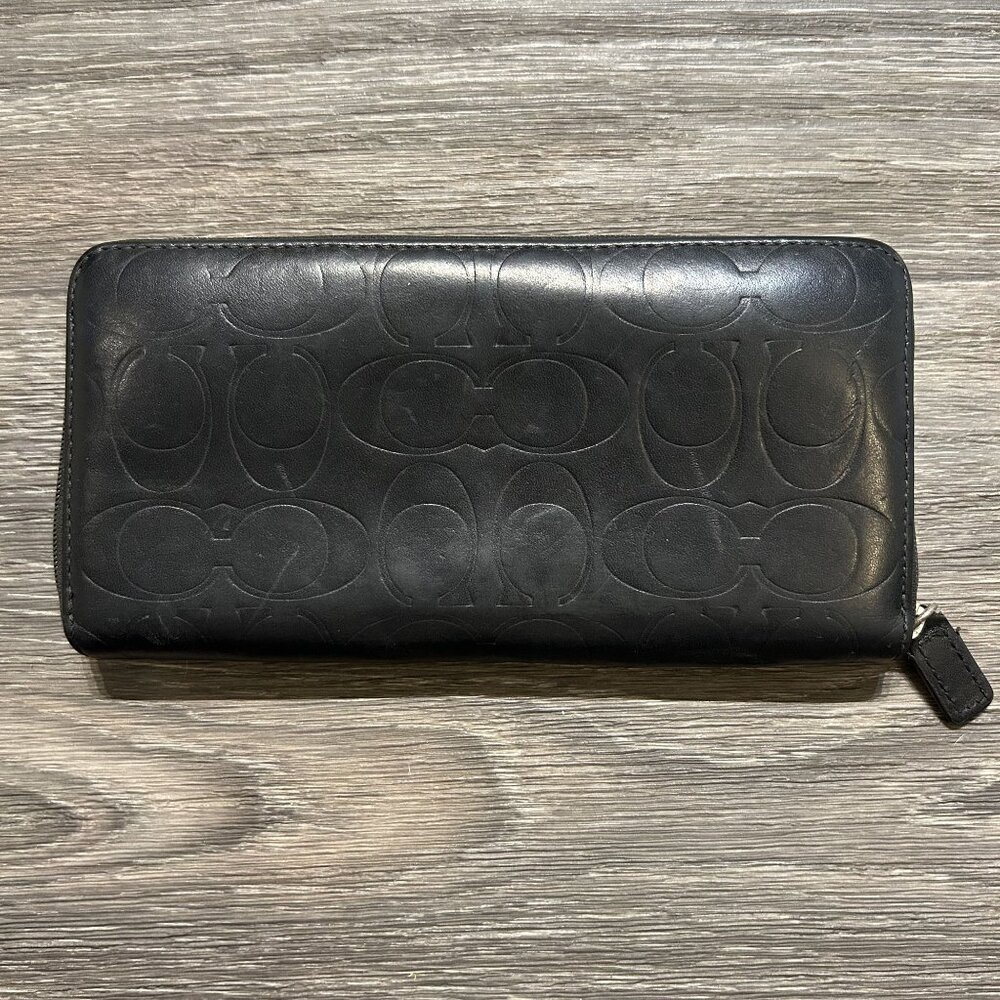 Coach Black Embossed Leather Coach Accordion Zip Around Wallet Logo 8 x 4 CE551 - Picture 12 of 16